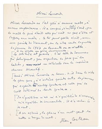 COCTEAU, JEAN. Group of 10 Autograph Manuscripts, including 5 Signed, brief or fragmentary working drafts of reviews for books or films